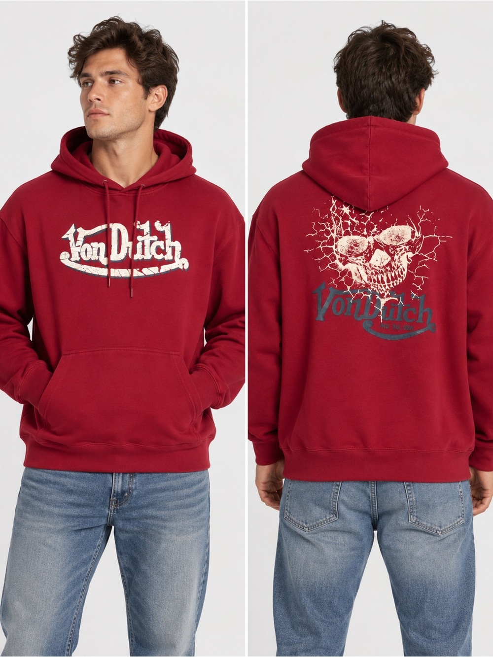 Von Dutch XL Men’s Distressed Logo Skull Hoodie Sweatshirt Y2K Streetwear Maroon
